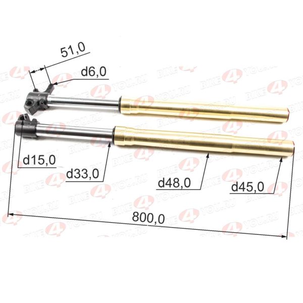 Амортизатор L=780 передний d45x48 (перья, компл.) TTR250a, 33х15